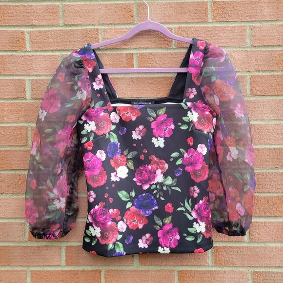 Boston Proper Floral Scuba And Organza Sleeve Top Small - Picture 4 of 11